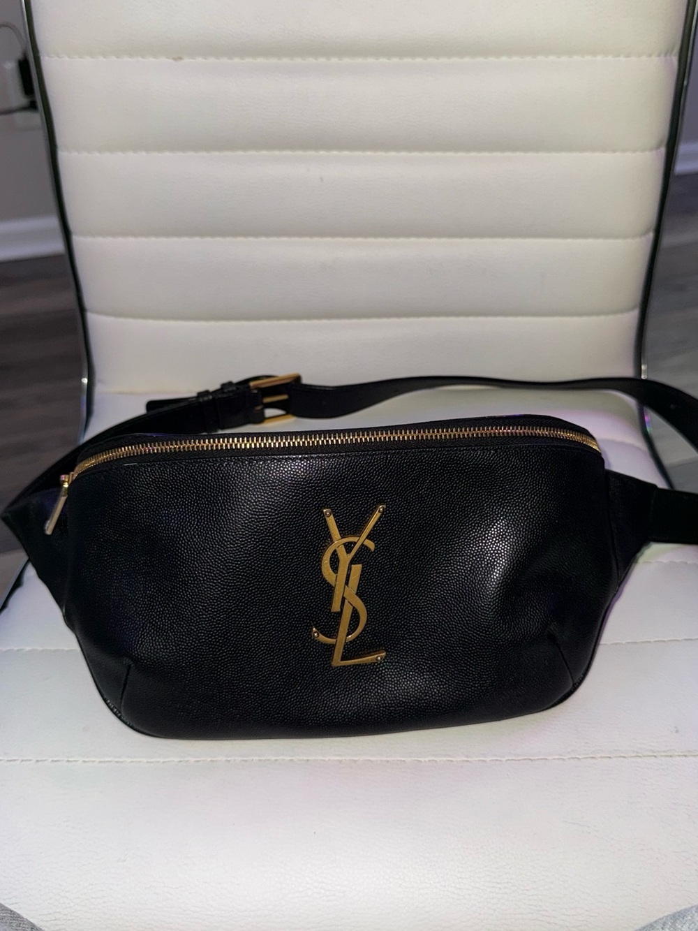 Authentic Saint Laurent Black Cassandre Classic Belt Bag with Gold Hardware
